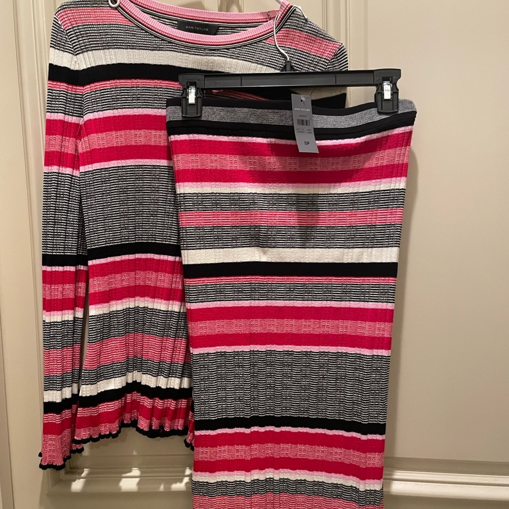 Ann Taylor Pink and Grey Striped Knit top and Skirt set